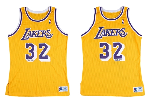 Lot of (2) Magic Johnson Signed Pro Cut Away Los Angeles Lakers Jersey (Beckett)